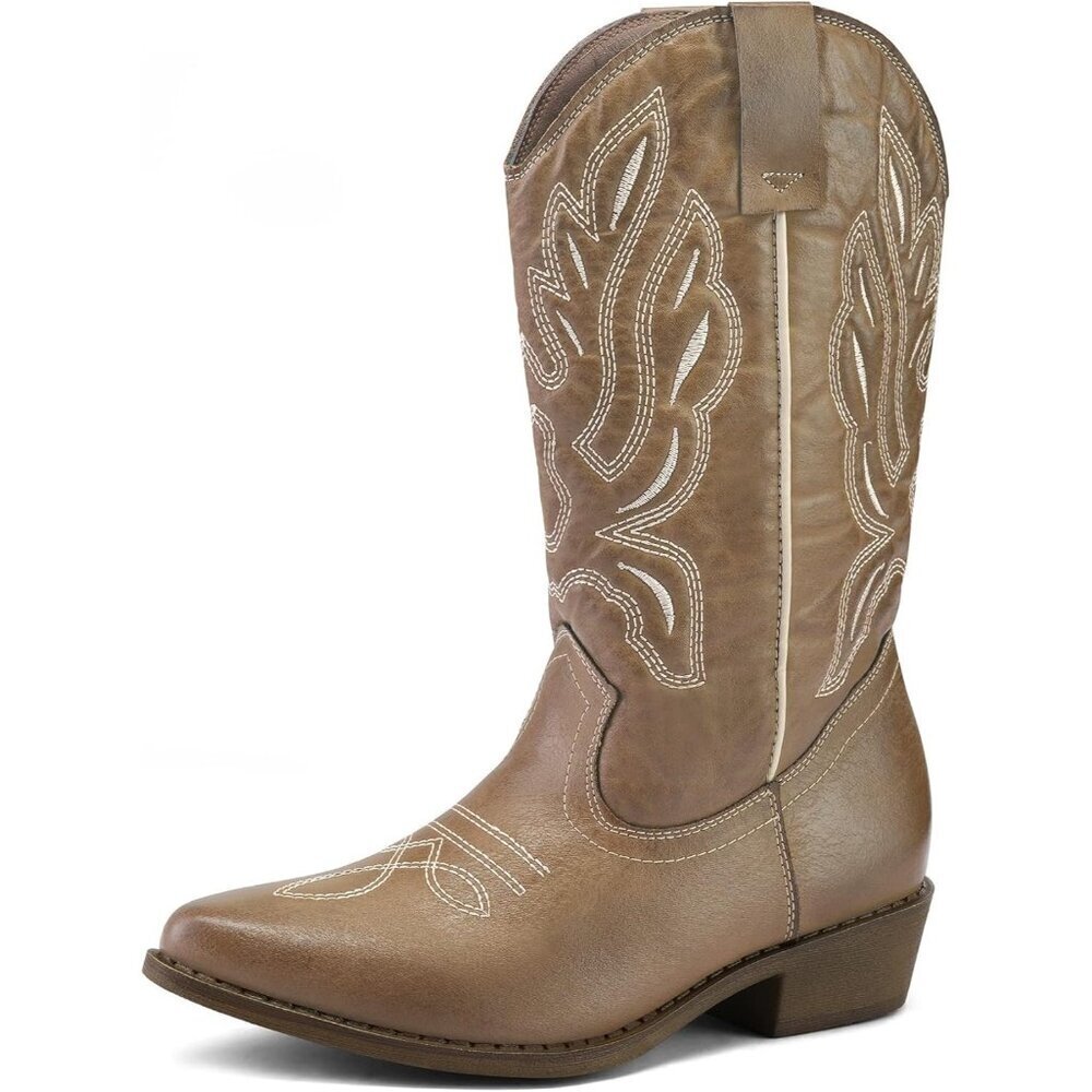 🆕Mysoft Cowboy Heel Boots Women Light Brown PU Embroidered Mid-Calf Pointed Toe